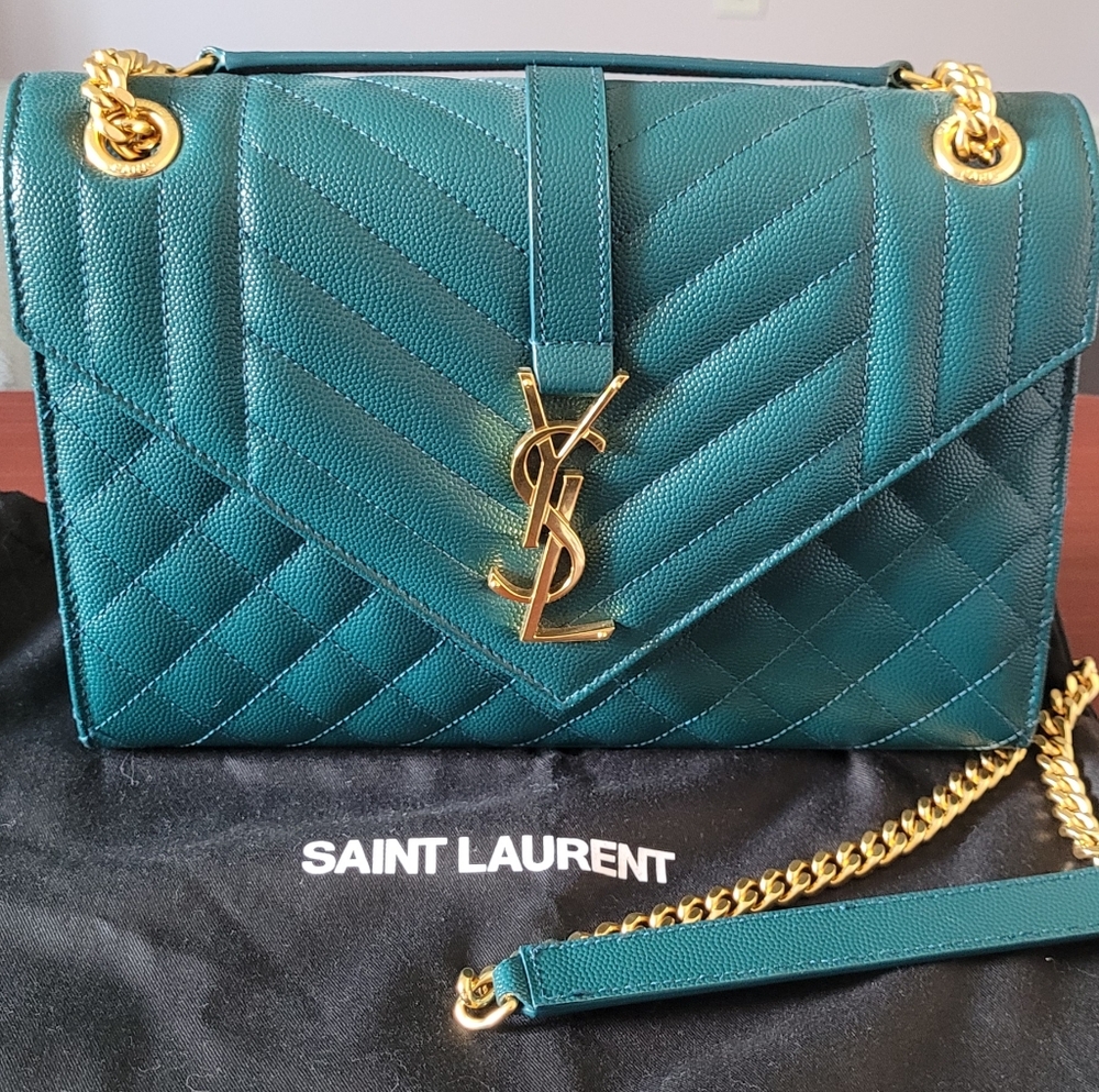 YSL Chevron Quilted Envelope Shoulder Bag In Teal.